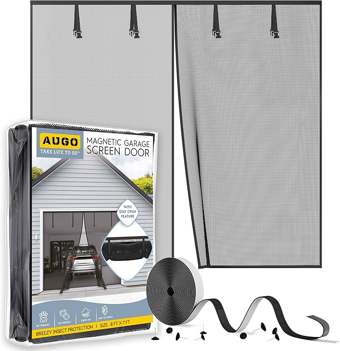 AUGO Garage Door Screen Magnetic Closure - Garage Screen Doors for 1 Car Garage Pull Down - Magnetic Screen Door Mesh - Heavy Duty Weighted Bottom- Pet & Kid Friendly - Keep Open Feature - 8' x 7'
