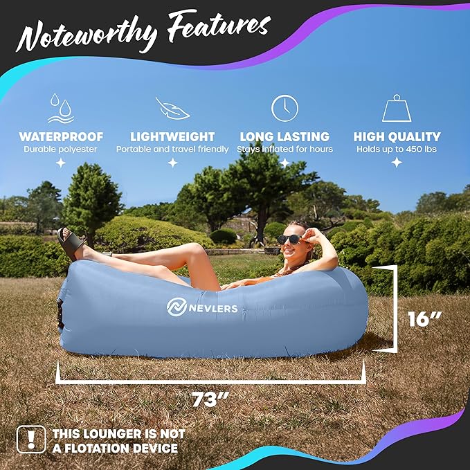 Nevlers Inflatable Lounger | 210T Polyester Inflatable Chair | No-Pump Blow Up Couch | Camping Couch Air Sofa Bed w/ 450 lbs. Cap., Pockets & Matching Bag | Use as Inflatable Couch for Adults & Kids