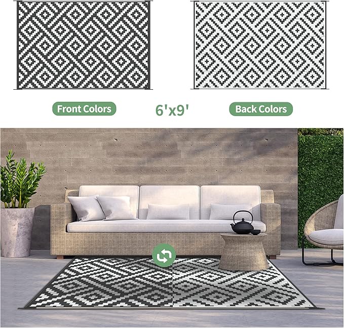 GENIMO Outdoor Rug for Patio Clearance,6'x9' Waterproof Mat,Reversible Plastic Camping Rugs,Rv,Deck,Porch,Camper,Balcony,Backyard,Black & White