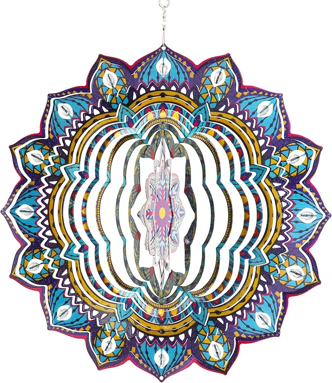 Exhart Wind Spinner, Starburst Mandala Wind Sculpture, 3D Laser Cut Patterns with Bead Details, Metal Outdoor Garden Decoration, Multicolor Lawn and Yard Art, 12 Inch