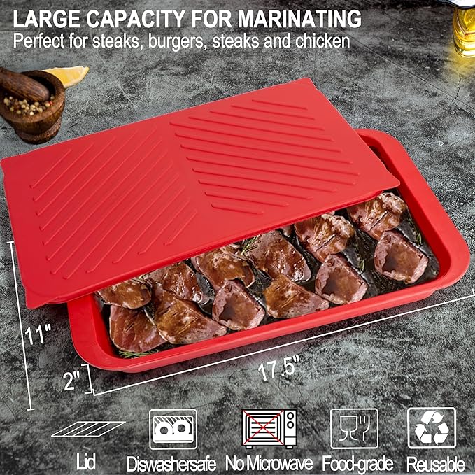 Grilling Prep and Serving Tray with Lid, BBQ Deep Tray for Marinating Raw and Cooked Food, Melamine Serving Trays for Food, Black and Red