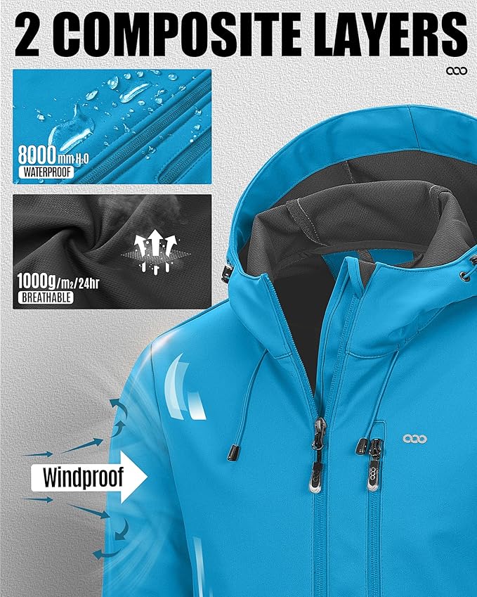 33,000ft Men's Softshell Jacket with Hood Waterproof Windbreaker Lightweight Rain Shell Jacket for Outdoor Hiking Travel