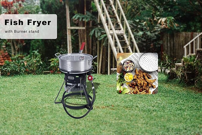 10QT Outdoor Fish Fryer Kit – Heavy-Duty Aluminum Pot, 6.7QT Basket, Propane Deep Fryer with 0-10 PSI Regulator & Steel Frame – Ideal for Seafood & More