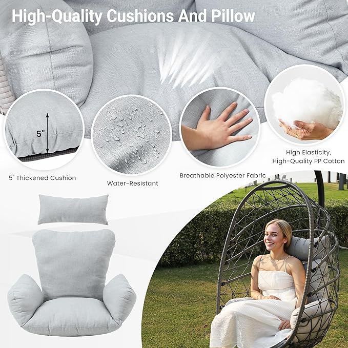 RoyalCraft Hanging Egg Chair Outdoor Swing Chair with Stand, Hammock Chair Indoor, Patio Boho Wicker Hanging Chair with Stand 350lbs Capacity for Garden, Balcony, Bedroom, Beige & Gray