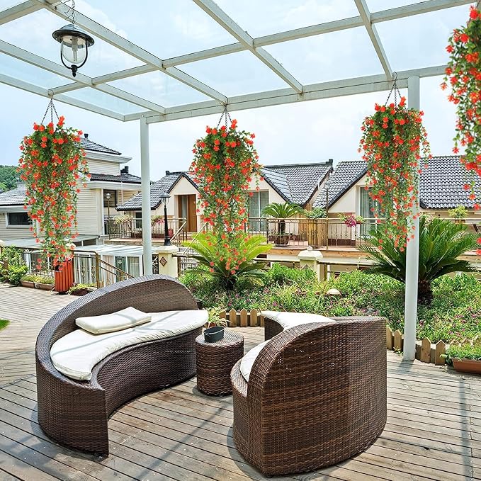 Faux Hanging Plants Hanging Greenery Outdoor Artificial Vines for Outdoors Hanging Plants with flowers Artificial Hanging Plants Indoor Outdoor Wall Garden Wedding Interior Decoration(Orange Red)