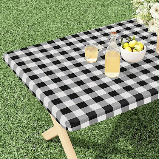 misaya Buffalo Rectangle Picnic Tablecloth, 5 Foot Elastic Fitted Vinyl Table Cloth with Flannel Backing, Waterproof Plaid Table Covers for Dining, Camping, Outdoor (Black and White, 30" x 60")