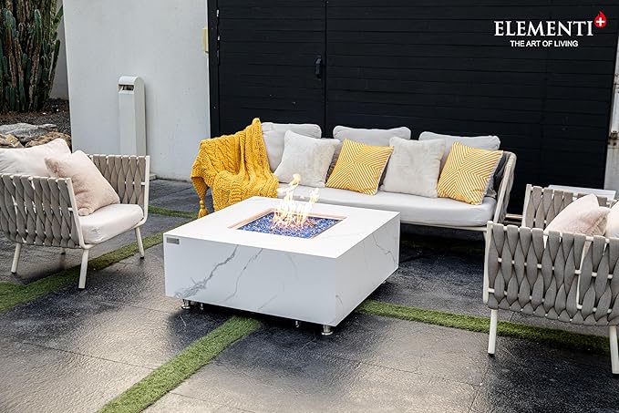 Elementi+ | Bundle Bianco Gas Fire Pit | Marble Porcelain & Metal Frame | 40" Square Fire Table | Electronic Ignition | Canvas Cover, Fire Glass & Burner Lid Included | White | Natural Gas