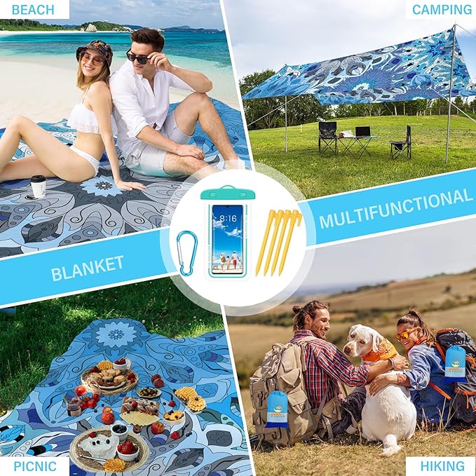 BYDOLL Beach Blanket Waterproof Sandproof 78''×81'' Suits1-4 Adults Compact Lightweight Oversized Sand-Free Blanket Large Picnic Mat for Beach Travel Camping Hiking