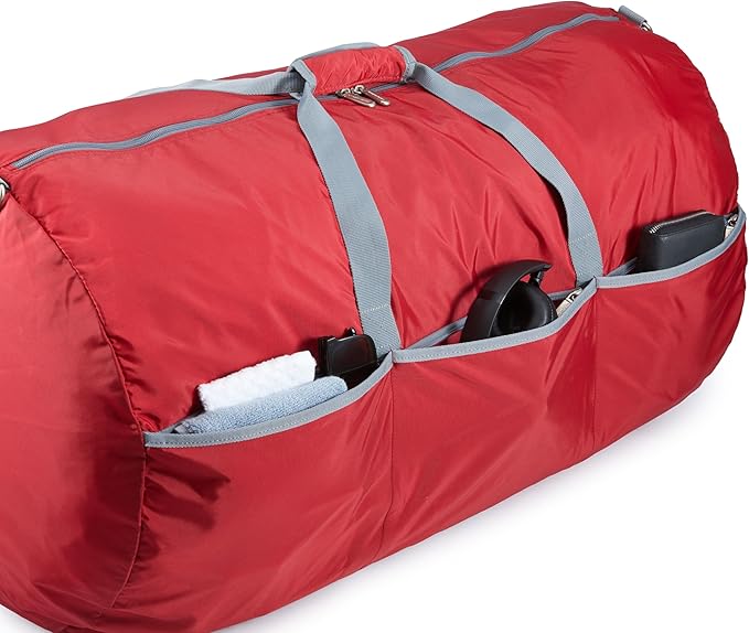 Amazon Basics 32" Extra Large Foldable Duffle Bag for Travel & Storage, with Exterior/Interior Zippered Pockets, Lightweight/Durable Nylon Material, 50-LBS Capacity, 9254 Cubic Inch (150L), Red