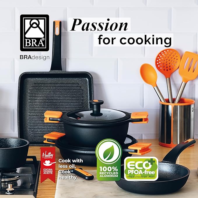 BRA COOKWARE Efficient Pro 3 Frying Pan Set | 8 + 9.5 + 11 inches Cast Aluminum Frypans | Profile Plus Non-Stick | All Heat Sources Compatible | PFOA Free | Heat-Resistant Handle | Non Deformable