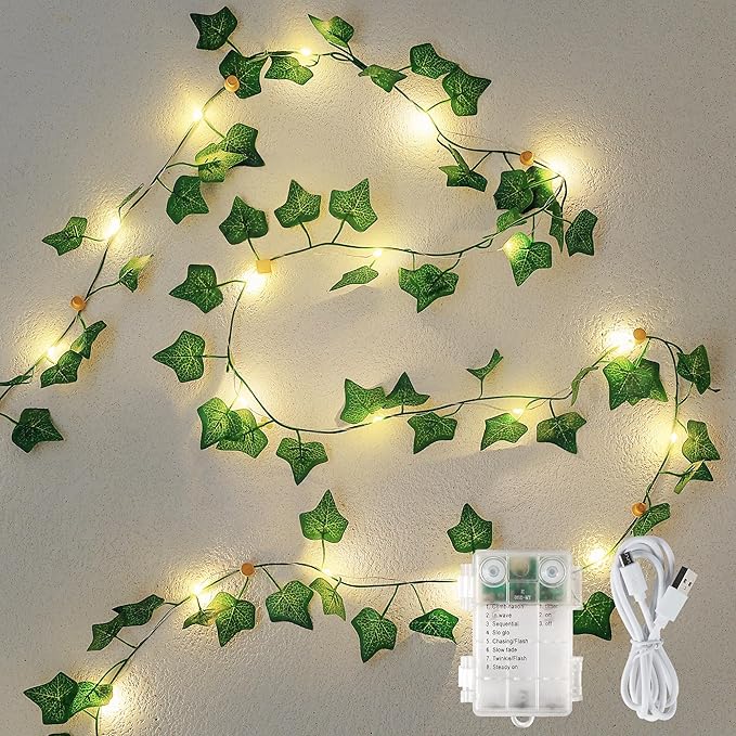 Ivy Vine with Fairy Lights, 23FT 73 LED Leaf Lights Indoor USB/Battery Operated, Fake Vine String Lights for Bedroom, Wall, Party, Garden, Birthday, Wedding, Room Decor, Warm White