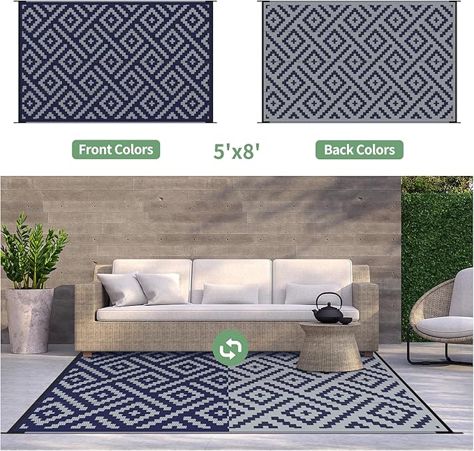 GENIMO Outdoor Rug for Patio Clearance, 5'x8' Waterproof Camping Mat, Reversible Plastic Straw Rugs for RV, Camper, Balcony, Backyard, Picnic, Deck (Blue & Grey)