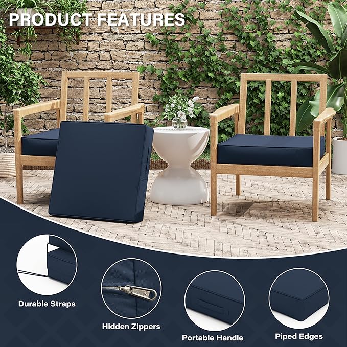 Patio Chair Cushions 22 X 22 X 4 Inch Waterproof Outdoor Seat Cushions for Patio Furniture, Outdoor Sofa Couch Pads with Ties & Handle, Set of 2, Navy Blue