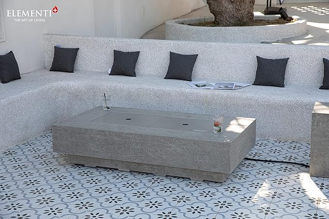 Elementi+ | Riviera Gas Fire Pit Cast Concrete 60" Rectangular Fire Table, Outdoor Fire Pit Electronic Ignition | Canvas Cover, Fire Glass and Burner Lid Included | Light Gray | Propane Gas