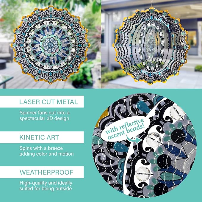 Exhart Wind Spinner, Blue and Black Mandala Hanging Wind Sculpture, 3D Laser Cut Patterns with Bead Details, Metal Outdoor Garden Decoration, Multicolor Lawn and Yard Art, 12 Inch