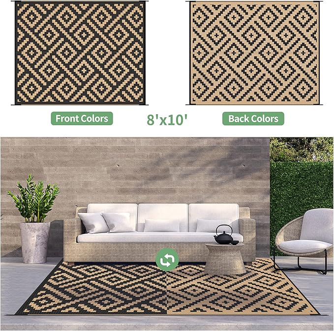 GENIMO Outdoor Rugs 8x10 Waterproof, Reversible Mats, Area Plastic Straw Rug, Outside Carpet, Geometric Rv Mat for Patio Camping Rv Picnic Backyard Deck Balcony Porch Beach Trailer (Black & Brown)