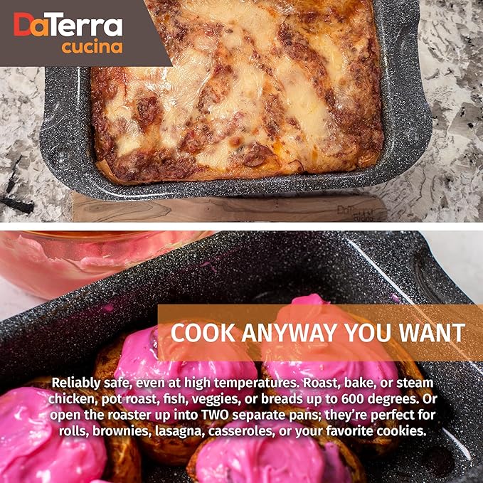 DaTerra Cucina - 13 x 8 x 4.25 Nonstick Ceramic Coated Dual Roasting Pan Set – 2 Identical Pans, Oven Safe, Ideal for Roasting, Baking, Searing, Braising, Casseroles, Fits Most Toaster Ovens