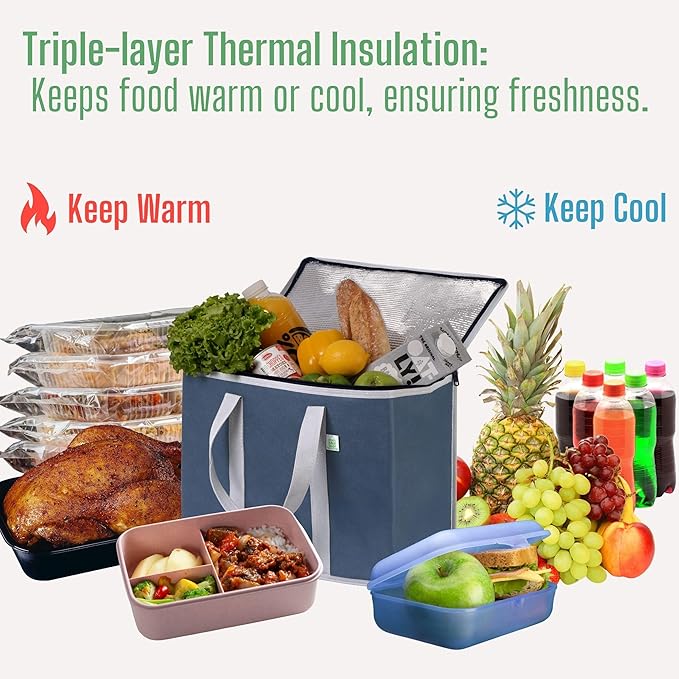 VENO 2 Pack Cooler Bag and Insulated Grocery Bags for Food Delivery, Collapsible Cooler, Reusable Shopping Bags for Groceries with Zipper, Foldable, Heavy-Duty, Stands Upright (Dark Blue, 2 Pack)