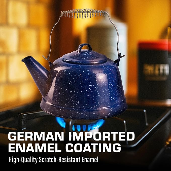 COLETTI Classic Camping Tea Kettle Stovetop — Travel Kettle, Camp Tea Pot for Stove — Chipping-Resistant German-Imported Enamel Coating [Blue Enamel, 9 Cups]