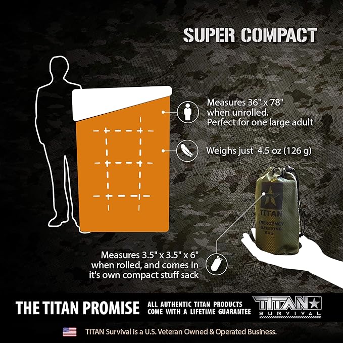 TITANSurvival Emergency Sleeping Bags for Survival 36” x 78” - 90% Heat Retention, 41% Thicker & Waterproof - Durable Survival Sleeping Bag for Cold Weather Camping - Thermal Sleeping Bag Outdoor Use
