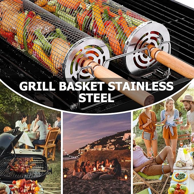 Rolling Grilling Baskets for Outdoor Grill Bbq Net Tube Stainless Steel Large Round Mesh Barbecue Accessories Must Have Cylinder Cage Picnic Gear Cooking Camping Basket for Veggies Vegetable Fish