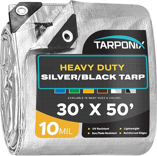 30' x 50' Dual-Sided Heavy-Duty Tarp – 10 Mil Tear-Resistant Silver & Black Cover with Reinforced Edges and Anti-Rust Grommets