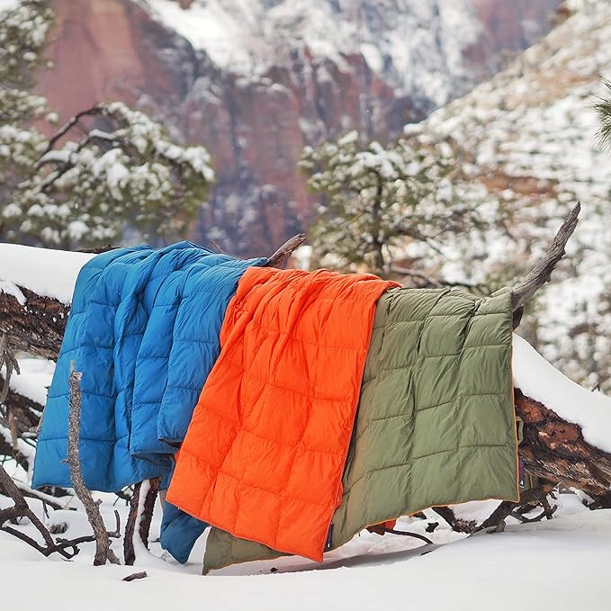 Double Puffy Camping Blanket - Extra Puffy, Packable, Lightweight and Warm | Ideal for Outdoors, Travel, Stadium, Festivals, Beach, Hammock | Water-Resistant Camp Quilt (Teal Blue/Gray)