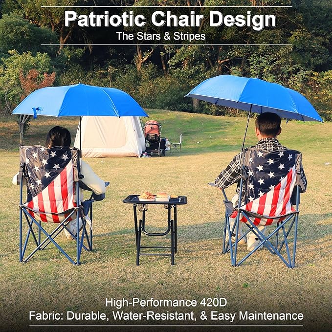 2 Pack Camping Chairs with Adjustable Umbrella-Folding Lawn Chair with American Flag Backrest-Heavy Duty Padded Camping Chair for Beach,Black