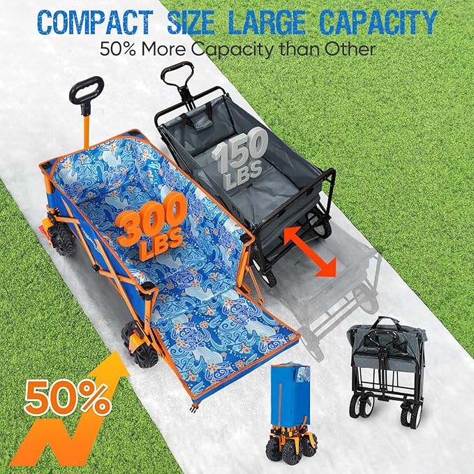 49" L Extra Long Beach Wagon with Tailgate,Big Wheels with Brake for Sand, Collapsible Utility Beach Cart Heavy Duty Folding Wagon,Ideal for Outdoor Sand Camping Garden Pet