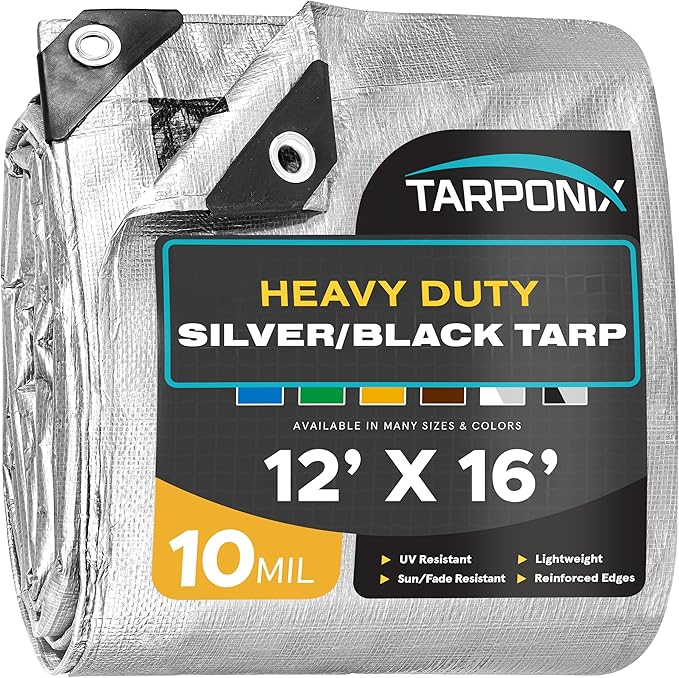 12' x 16' Dual-Sided Heavy-Duty Tarp – 10 Mil Tear-Resistant Silver & Black Cover with Reinforced Edges and Anti-Rust Grommets
