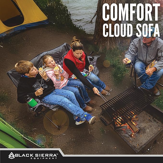 Black Sierra Double Camping Chair for Adults, Oversized Folding Loveseat Supports 600 lbs, Plush Padded Outdoor Couch with Cup Holders and Carry Bag for Beach, Patio, RV, or Tailgating Events