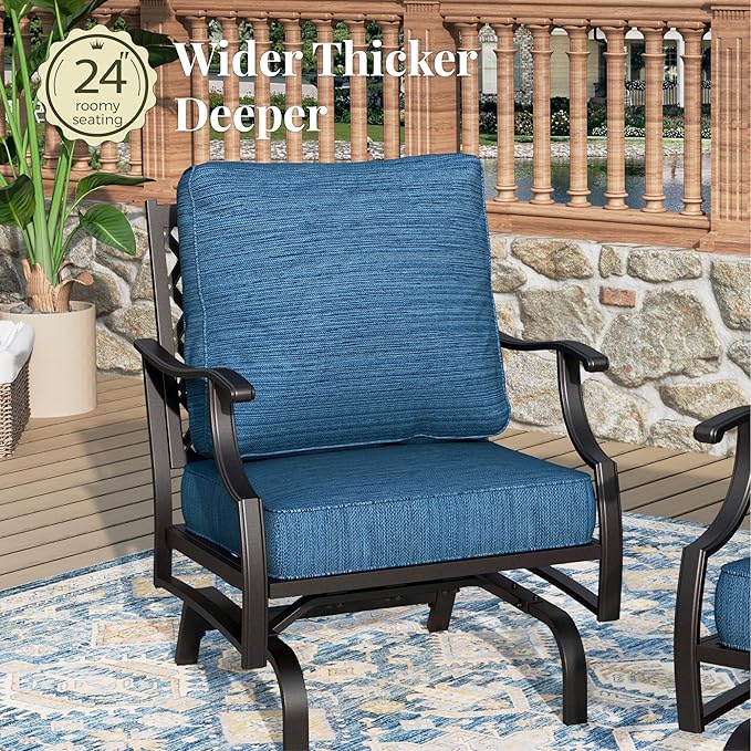 Patio Furniture Set with Fire Pit Table, 5 Pcs Metal Outdoor Conversation Set, 4 Rocking Chairs with 5.75" Extra Thick Cushion and 28" Fire Pit Table for Backyard Deck, Green Blue