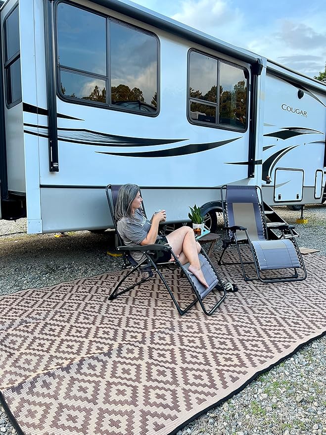 Premium RV Patio Mat Size 8' x 16' Made from Recycled Plastic for Camping - Thick 5 mm Heavy Duty, Waterproof, Reversible Rugs Recycled Polypropylene (8' x 16', Brown Diamond)