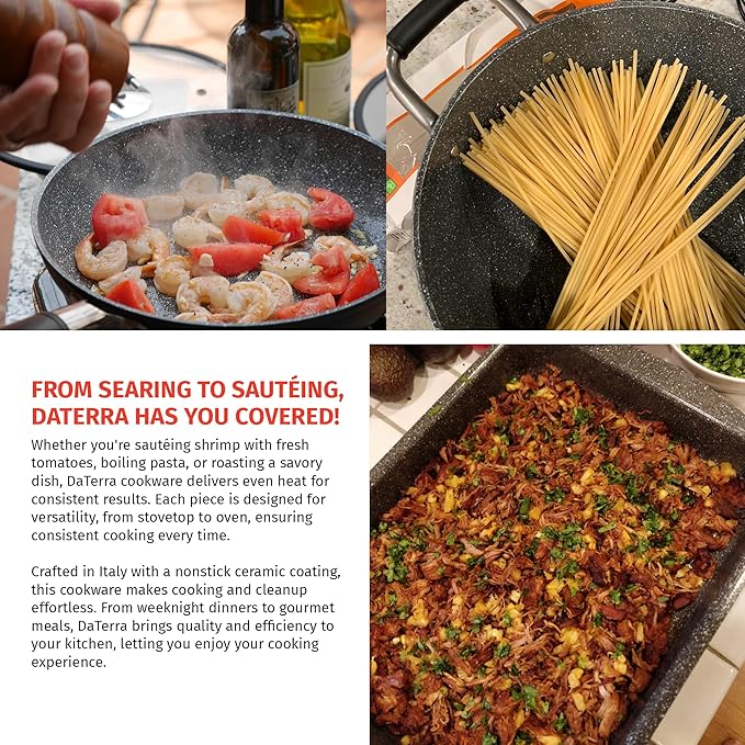 DaTerra Cucina Bundle - Nonstick Ceramic Cookware Set - 16.1" Roasting Pan, 11" Frying Pan with Lid, 8Qt Dutch Oven, Heat Resistant, Ceramic Cookware - Perfect for Everyday Cooking, Volcanic Black