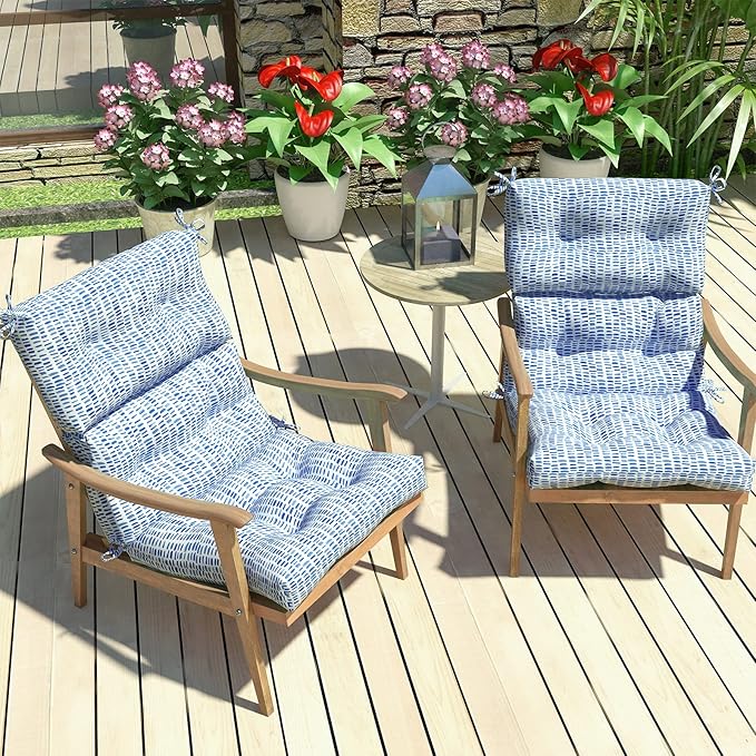 LVTXIII Outdoor High Back Chair Cushions, Seasonal Replacement Adirondack Chair Cushion with Ties, Patio Waterproof Seat Cushions for Home Garden Use (22” W x 20” D, Set of 2, Pebble Blue)