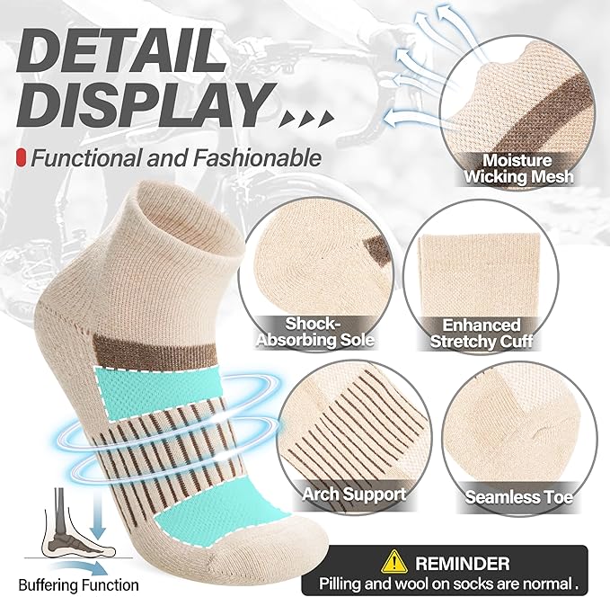 6 Pairs Merino Wool Ankle Running Hiking Socks Compression Support Breathable Thick Cushion No Show Socks for Women Men