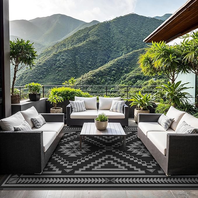 GENIMO Outdoor Rug for Patio Clearance, 8x10 ft Waterproof Mat,Reversible Plastic Camping Rugs, Rv, Porch, Deck, Camper, Balcony, Backyard, Black and Grey