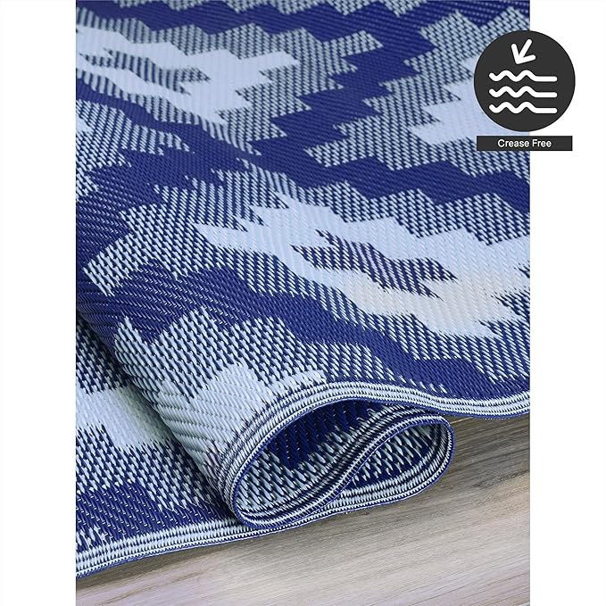 FH Home Outdoor Camping Rug - Waterproof, Fade Resistant, Reversible - Premium Recycled Plastic - Geometric - Large Patio, Deck, Sunroom, RV - Aztec Kilim - Blue Multi - 9 x 12 ft Foldable