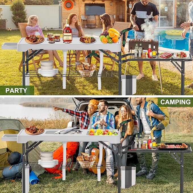 Dragosum Fish Cleaning Table, Portable Folding Camping Table with Folding Grill Extension Board, Fish Cleaning Station with Dual Sinks, Hose Hook Up