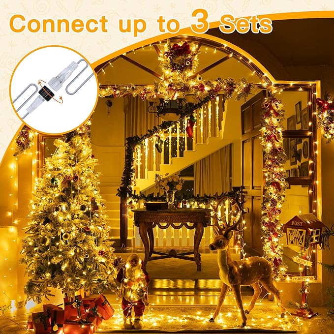 Ollny Christmas Lights Outdoor 200LED 60FT, Warm White Connectable Plug in Fairy Light Indoor, 8 Modes Waterproof Timer Plug in LED String Lights for House Outside Bedroom Patio Balcony