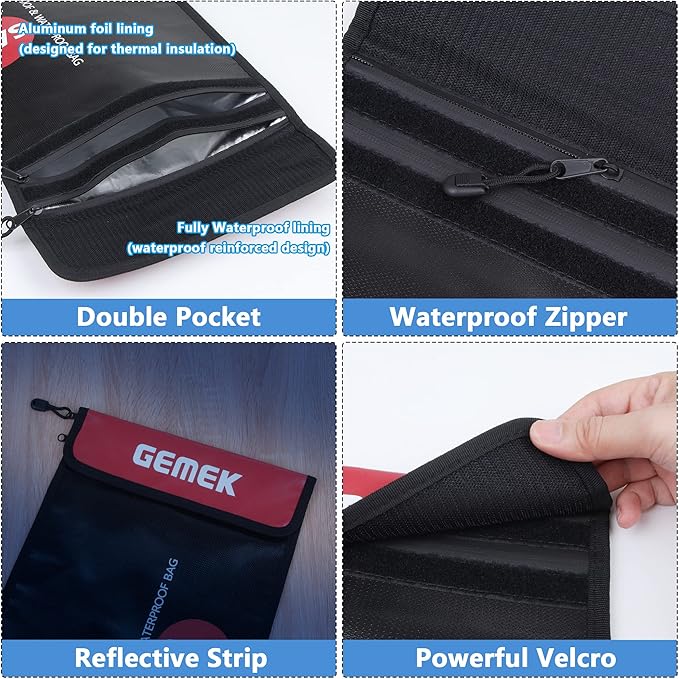 Fireproof Document Bag (2000℉) Upgraded 2 Pockets, GEMEK 15”x 11” Fireproof and Waterproof Money Bag Fireproof Safe Storage for Money, Documents, Jewelry and Passport (Black - 2 Zipper)