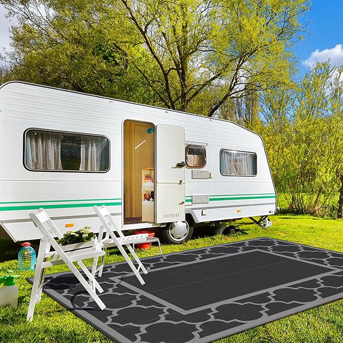 GENIMO 10 ' x 14 ' Outdoor Rug Waterproof for Patio Decor, Foldable Reversible Plastic Straw Area Rugs Mat for Camper, Outside Carpet for Rv, Deck, Porch, Picnic, Beach, Balcony, Black & Grey