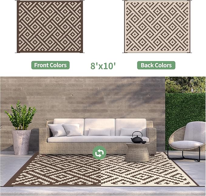 GENIMO Outdoor Rug for Patio Clearance, 8'x10' Waterproof Camping Mat, Reversible Plastic Straw Rugs for RV, Camper, Balcony, Backyard, Picnic, Deck (Coffee & Beige)
