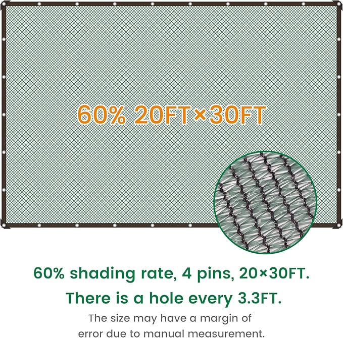 60% 20 X 30 FT Green Shade Cloth, Outdoor Woven Sun Shade with Grommets, Durable Breathable Netting Shading Antifreezing for Patio, Garden, DIY Home, Plants Cover, Greenhouse, Dog Kennel