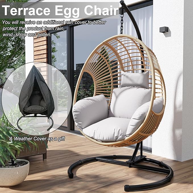 Hanging Egg Chair with Stand - Egg Swing Chair Outdoor Indoor Patio Wicker Chair Swing Hammock Egg Chairs 400lbs Capacity for Outside Patio, Bedroom, Garden, Balcony（Beige-Regular, 1PC