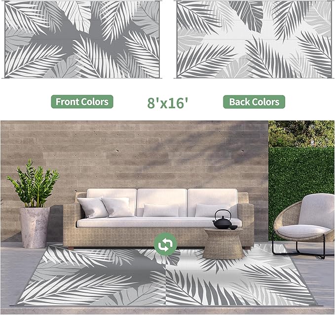 GENIMO Outdoor Rug 8' x 16' Waterproof for Patios Clearance, Reversible Outdoor Plastic Straw Camping Rug Carpet, Large Area Rugs Mats for RV, Camper, Deck, Balcony, Porch, Beach, Picnic, Grey&White