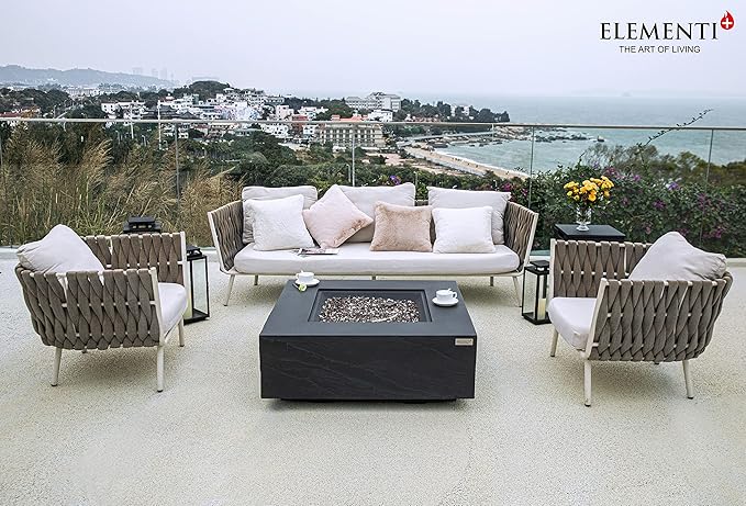 Elementi+ | Roraima Gas Fire Pit Cast Concrete 40" Square Fire Table, Outdoor Fire Pit Electronic Ignition | Canvas Cover, Fire Glass and Burner Lid Included | Dark Gray | Propane Gas