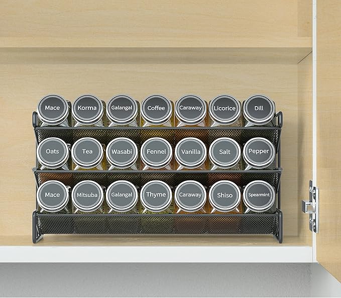 SpaceAid Spice Rack Organizer with 21 Spice Jars, 386 Spice Labels, Chalk Marker and Funnel Set for Cabinet, Countertop, Pantry, Cupboard or Door & Wall Mount - 21 Jars, 13.4" W × 9" H, Black