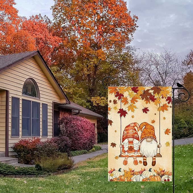 Fall Gnomes Swing Maple Leaves Pumpkins Autumn Garden Flag Yard Flag 12x18 Inch Double Sided Small Mini Yard Outdoor Outside Farmhouse Holiday Decoration