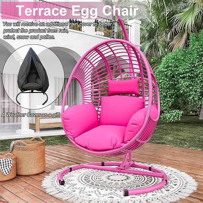 Hanging Egg Chair with Stand - Egg Swing Chair Outdoor Indoor Patio Wicker Chair Swing Hammock Egg Chairs 400lbs Capacity for Outside Patio, Bedroom, Garden and Balcony(Pink, 1PC)